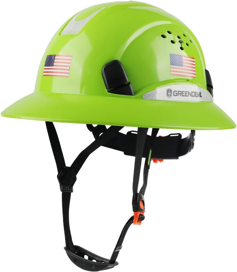 GREEN DEVIL Full Brim Hard Hat Vented Construction Safety Helmet OSHA Approved Cascos De Construccion Work Hardhats with Cooling Towel for Men&Women 6 Point Adjustable Ratchet Suspension - Image 1